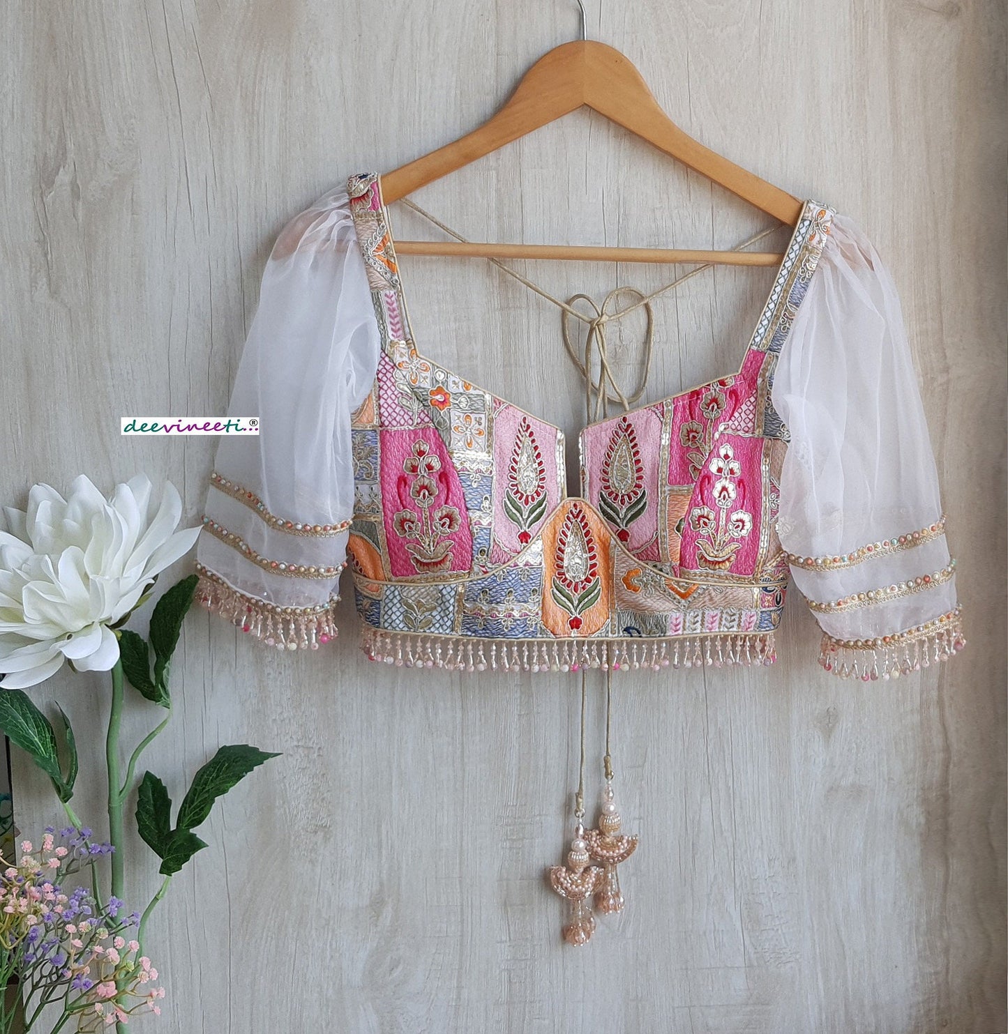 White Embroidered Deep Neck Puff Sleeves Blouse DVBL_300