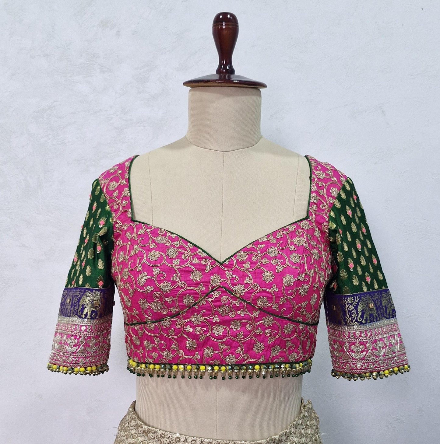 Embroidered Silk Pink and Green Blouse Sweetheart Neck DVBL_449