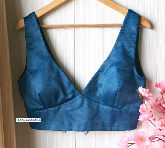 Blue Velvet Crepe Sleeveless Cross Cut Deep V Neck Blouse DVBL_094