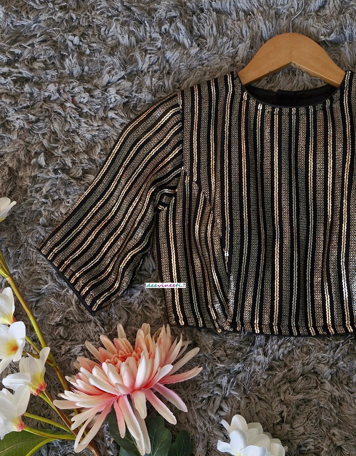 Black and Gold Sequins Embroidered Jewel Neck Blouse DVBL_350