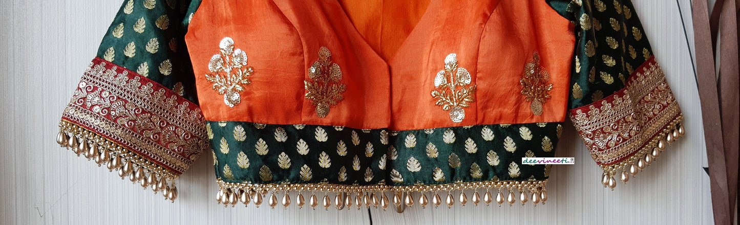 Orange and Green Silk Embroidered  Deep V Neck Blouse  DVBL_218