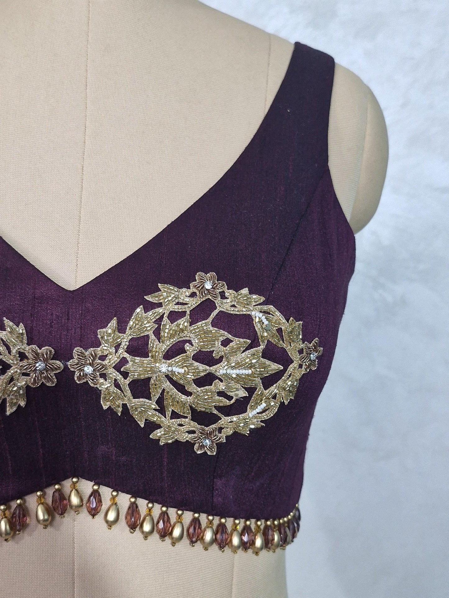 Hand Embroidered Burgundy Wine Raw Silk Blouse DVBL_432