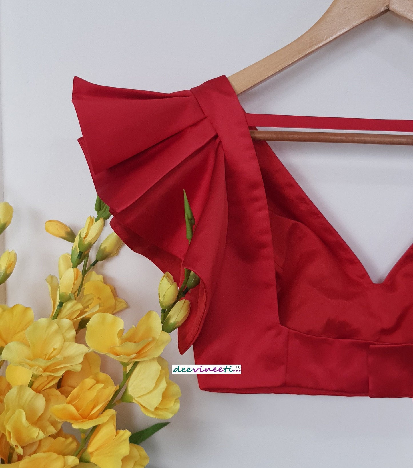 Red Satin Deep V Neck Ruffled Sleeves Blouse DVBL_265
