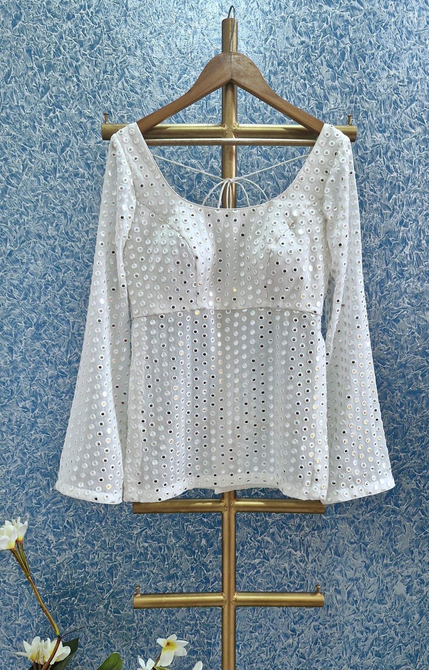 Ivory Faux Mirror Embroidered Georgette Peplum Top DVBL_419