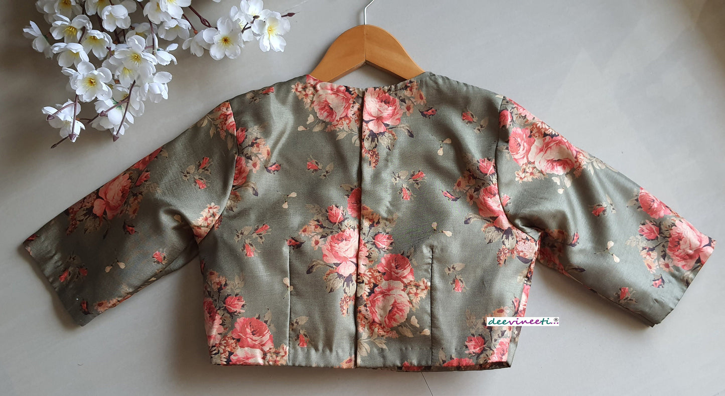 Floral Print Green Khadi Silk Jewel Neck Blouse DVBL_067