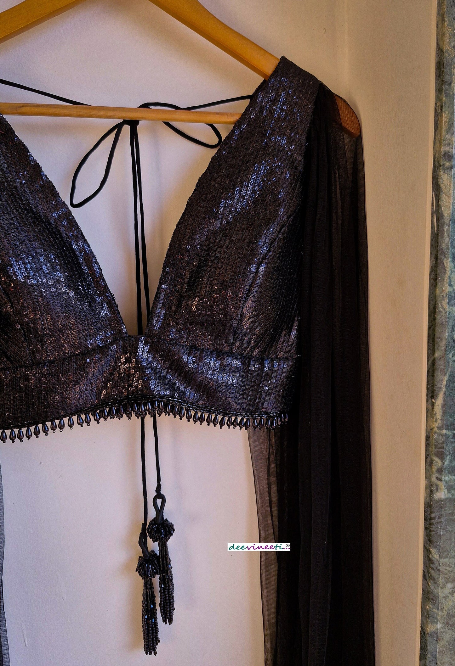 Black Sequins Embroidered Plunge Neck Cape Blouse DVBL_342