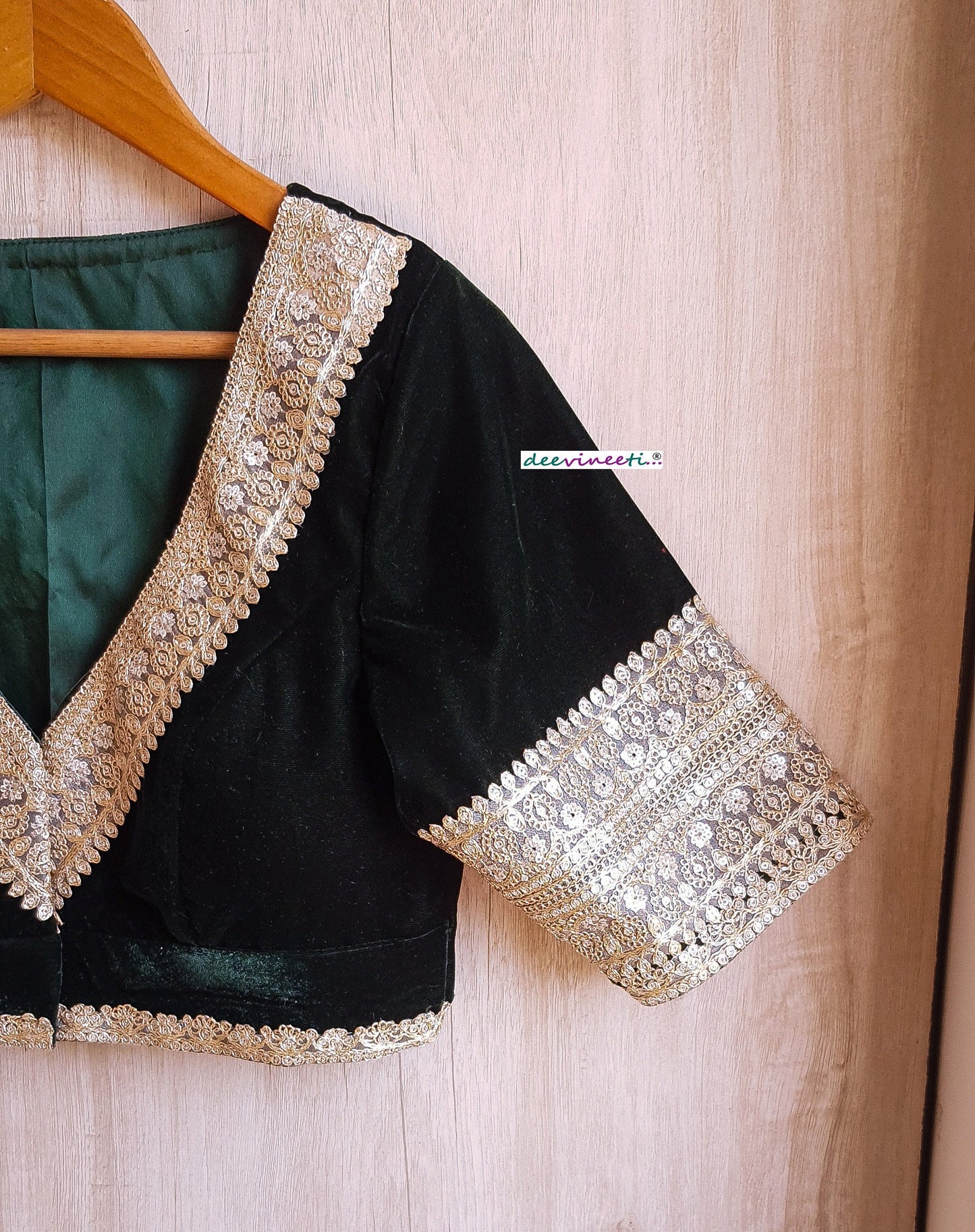 Embroidered Green Velvet Blouse Deep V Neck DVBL_292