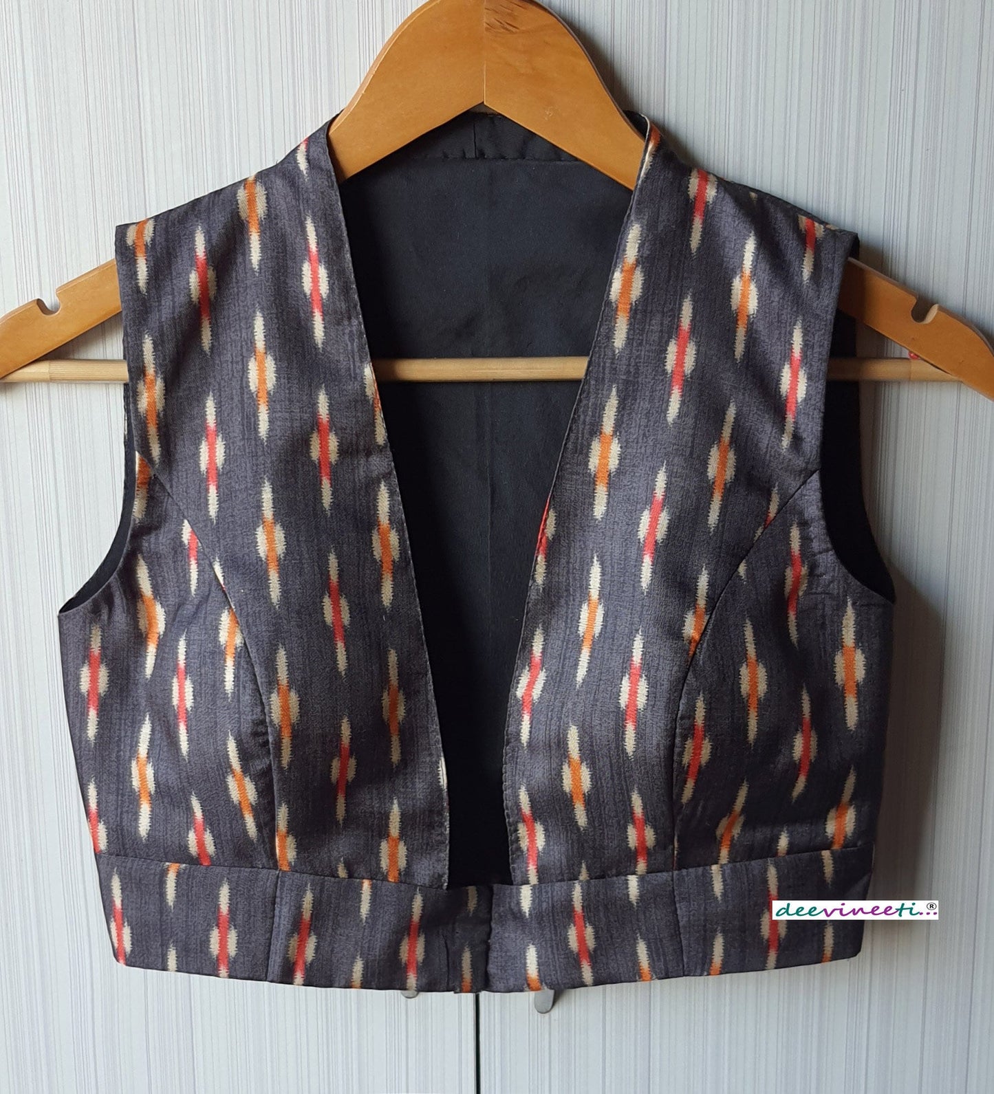 Grey Ikat Print Khadi Silk Plunge Neck Blouse DVBL_072