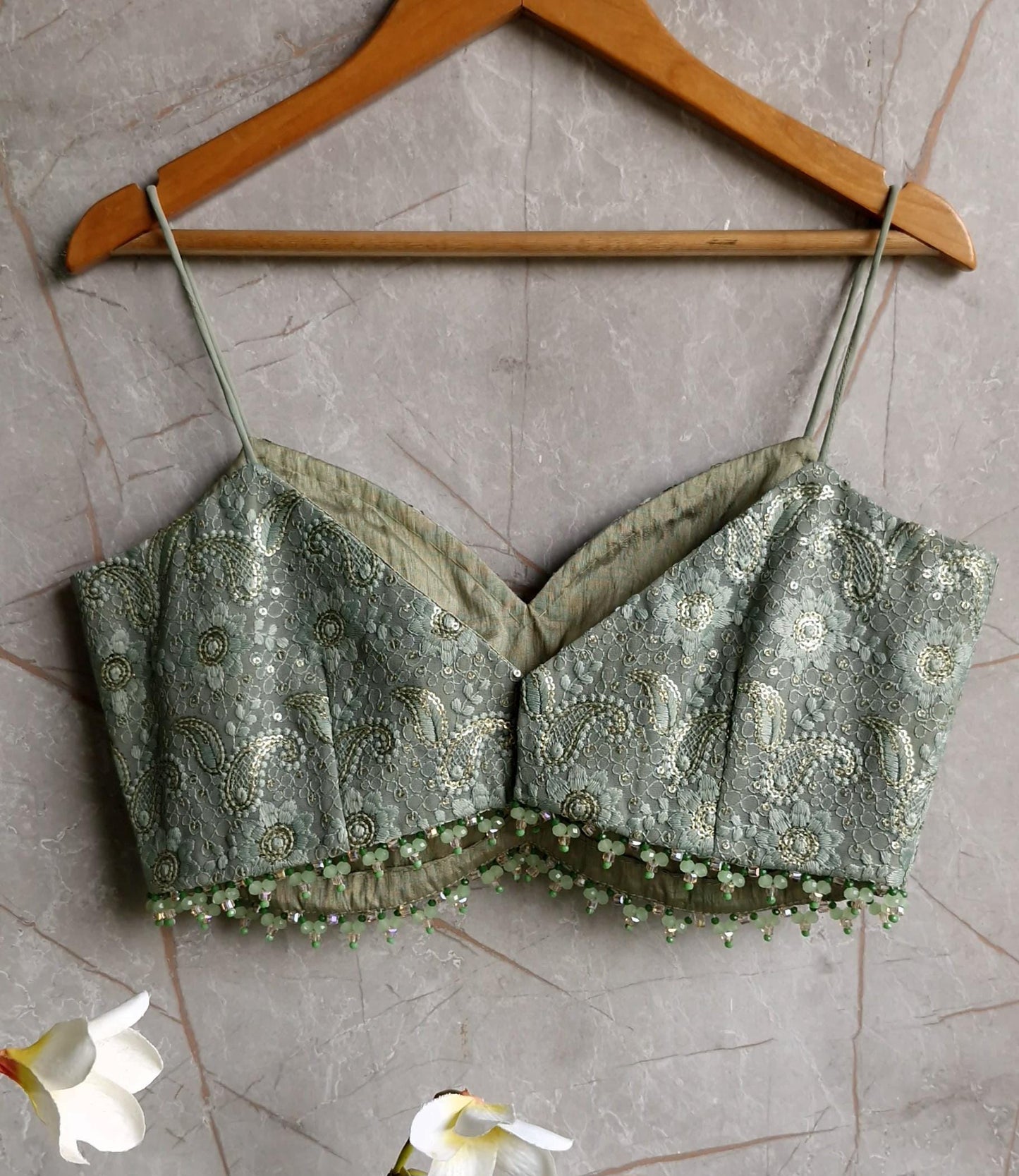 Moss Green Embroidered Georgette V Neck Spaghetti Blouse DVBL_440