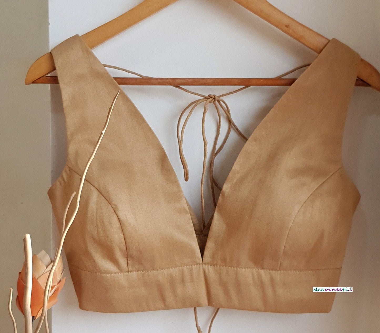 Raw Silk Blouse Plunge Neck Solid Blouse DVBL_273