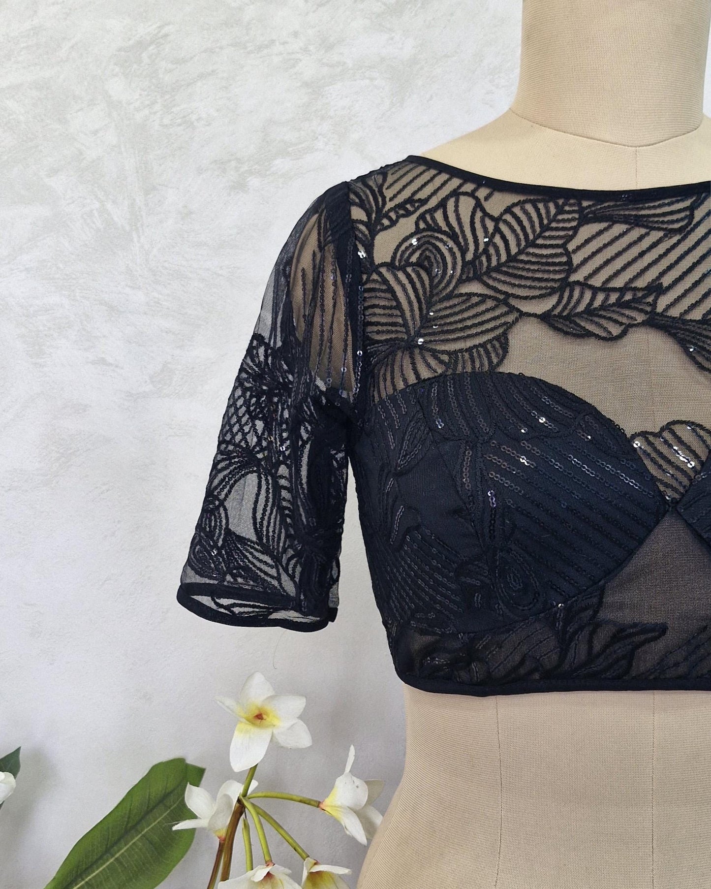 Embroidered Net Black Blouse with Sleeves DVBL_418