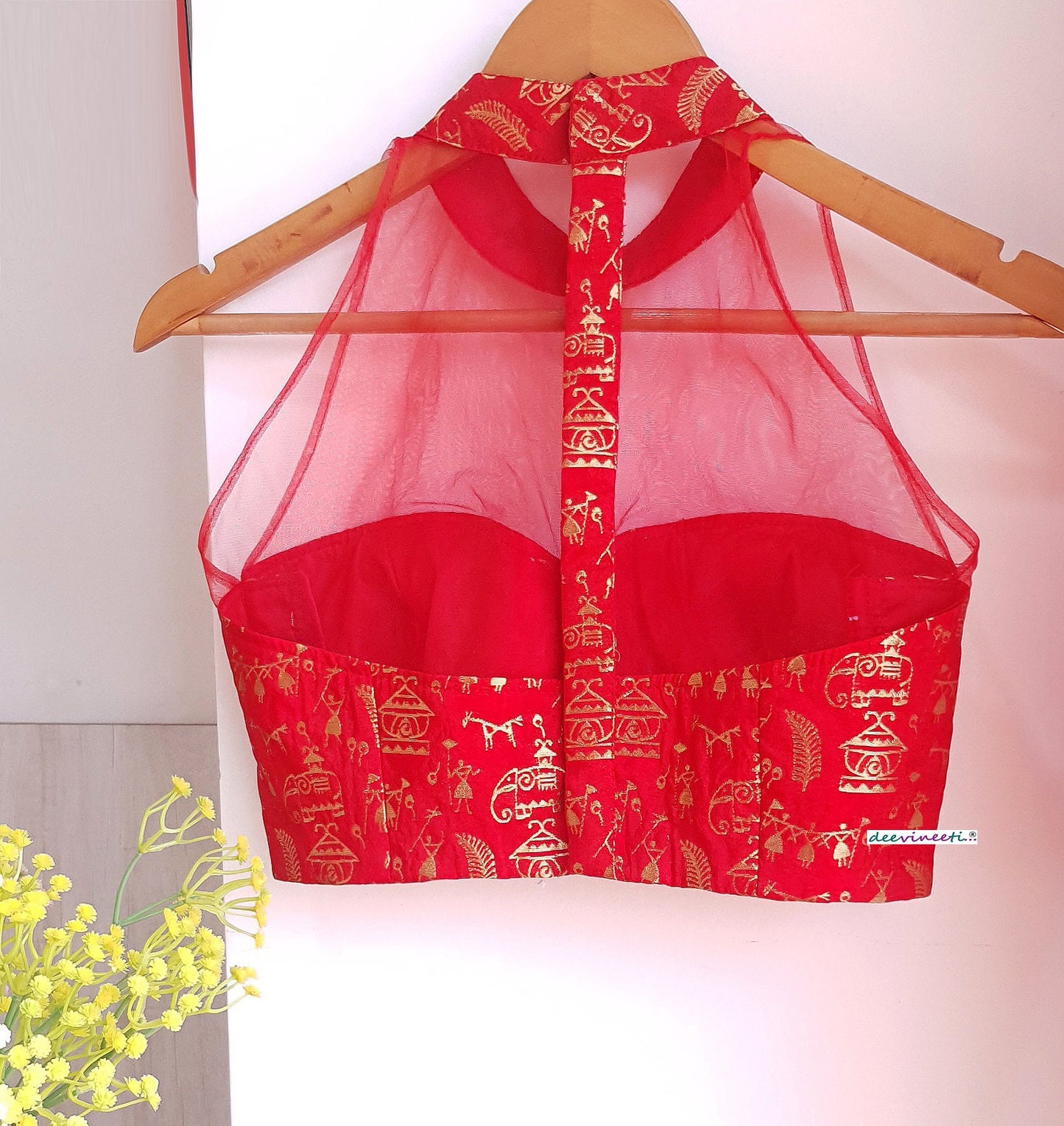 Red Brocade Silk and Net Halter Blouse DVBL_296