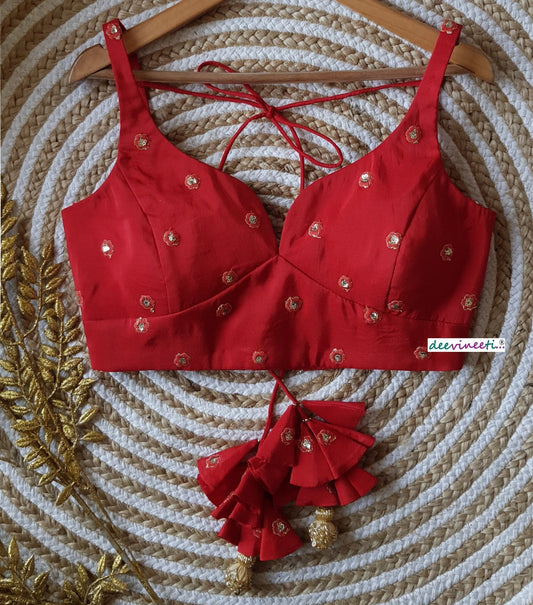 Embroidered Red Silk Deep Sweetheart Neck Blouse DVBL_160