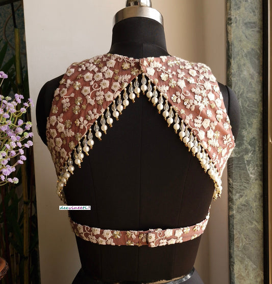 Mauve Brown Embroidered Jewel Neck Backless Blouse DVBL_335