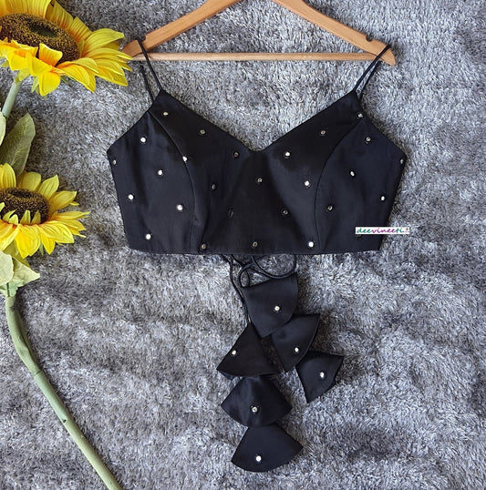 Designer Black Satin Silk Blouse Deep V Spaghetti DVBL_216