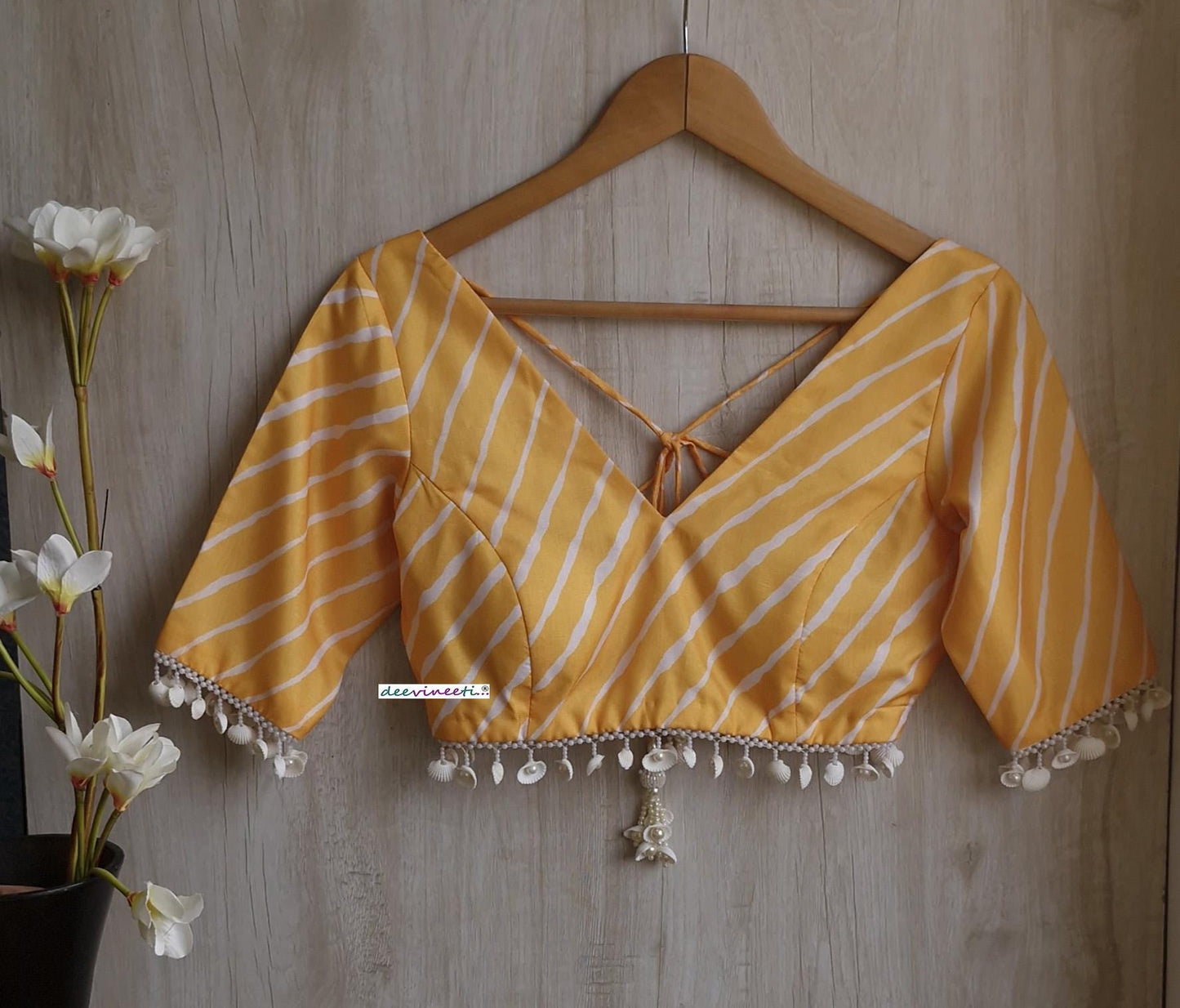 Yellow Leheriya Print Silk V Neck Blouse DVBL_392