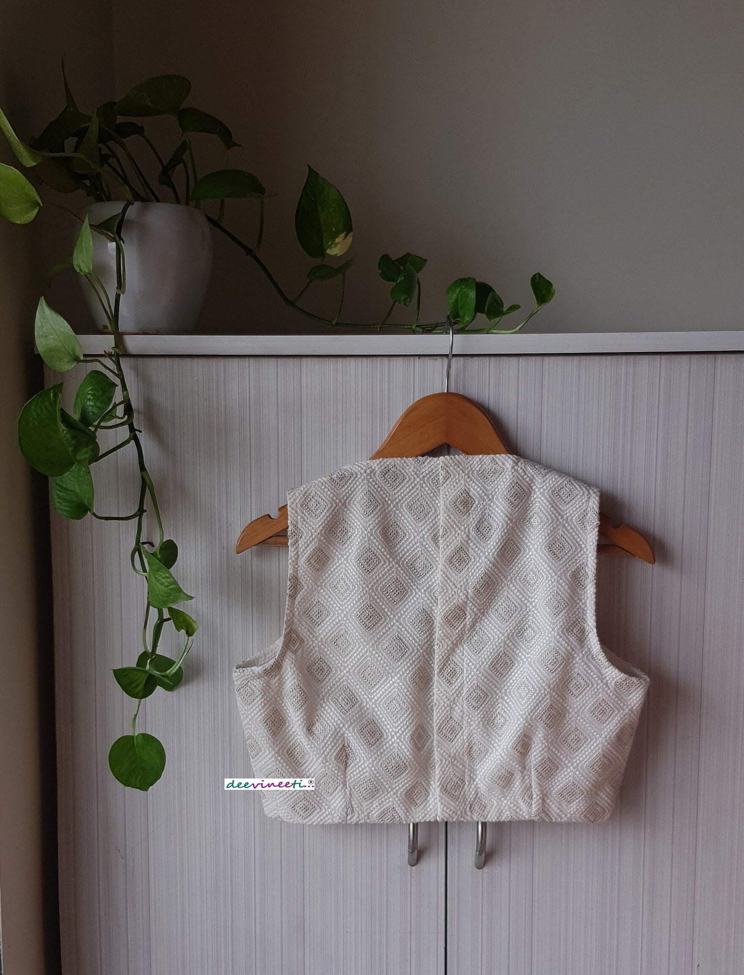 Ivory Chikankari Plunge Neckline Blouse DVBL_249