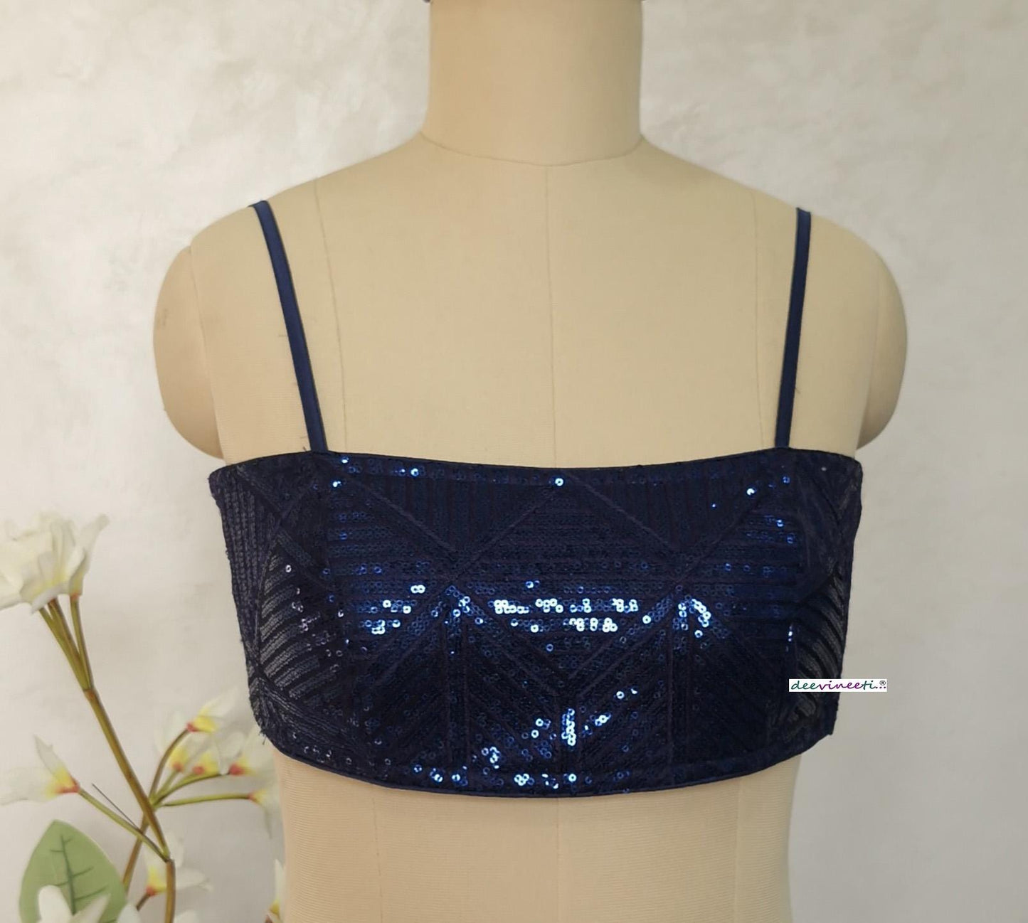 Deep Blue Sequins Embroidered Spaghetti Blouse DVBL_405