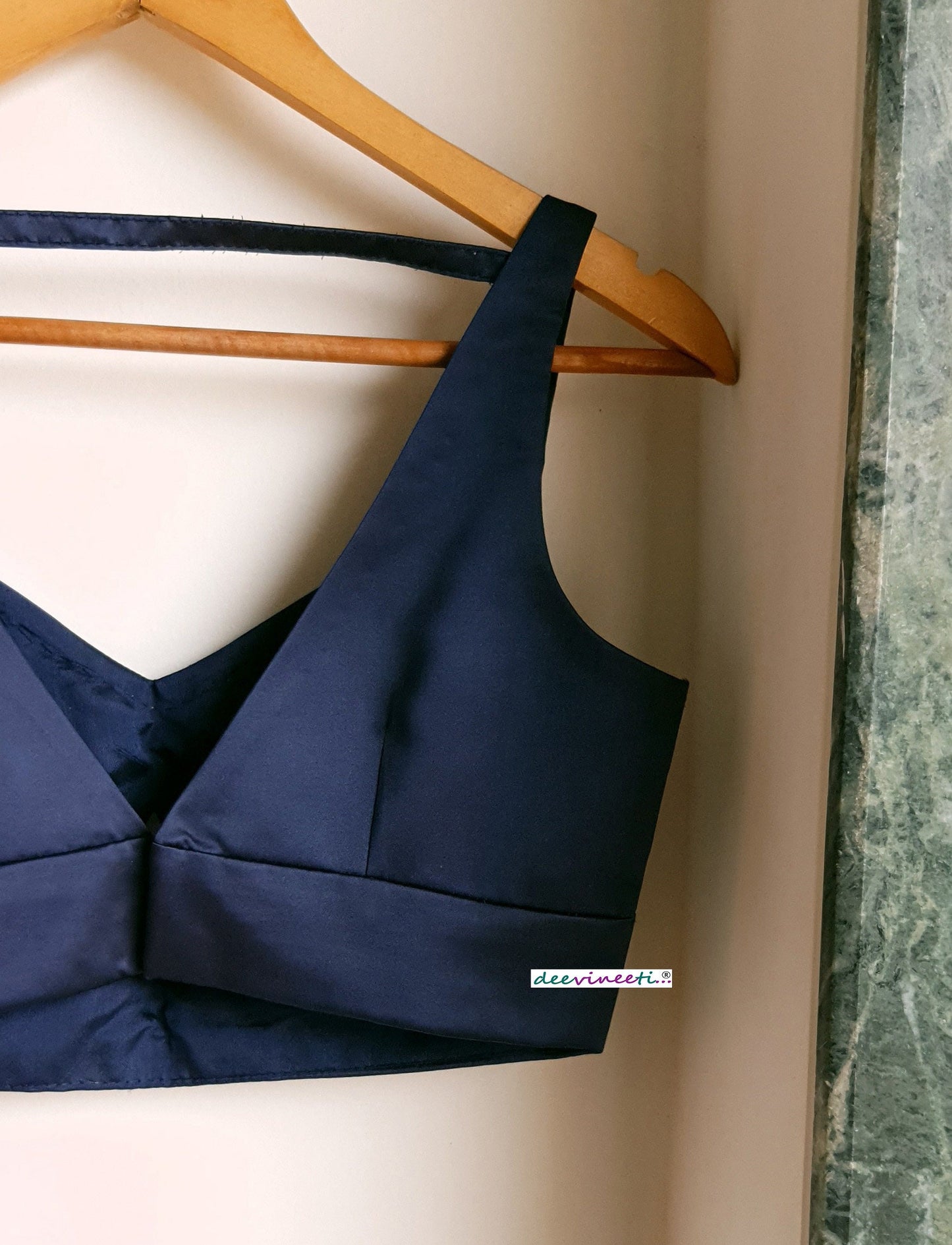 Navy Blue Satin Blouse Deep V Neck Sleeveless DVBL_270
