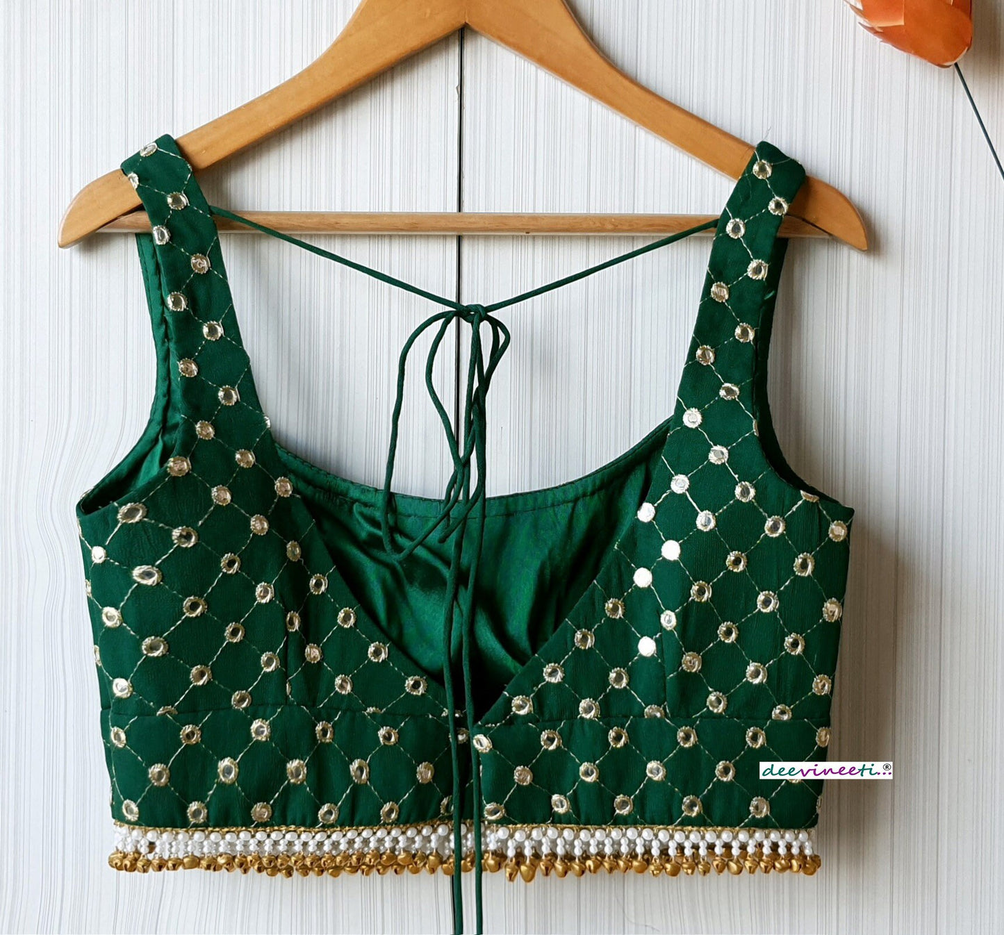 Faux Mirror Embroidered Green Square Neck Blouse DVBL_222