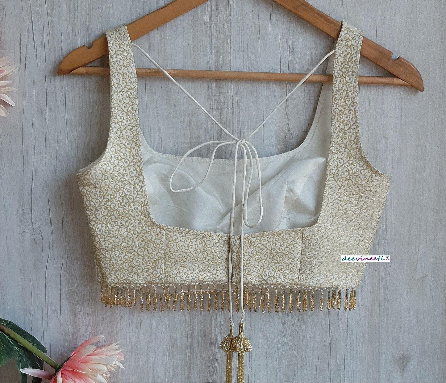 Cream and Gold Brocade Silk Square Neck Blouse DVBL_304