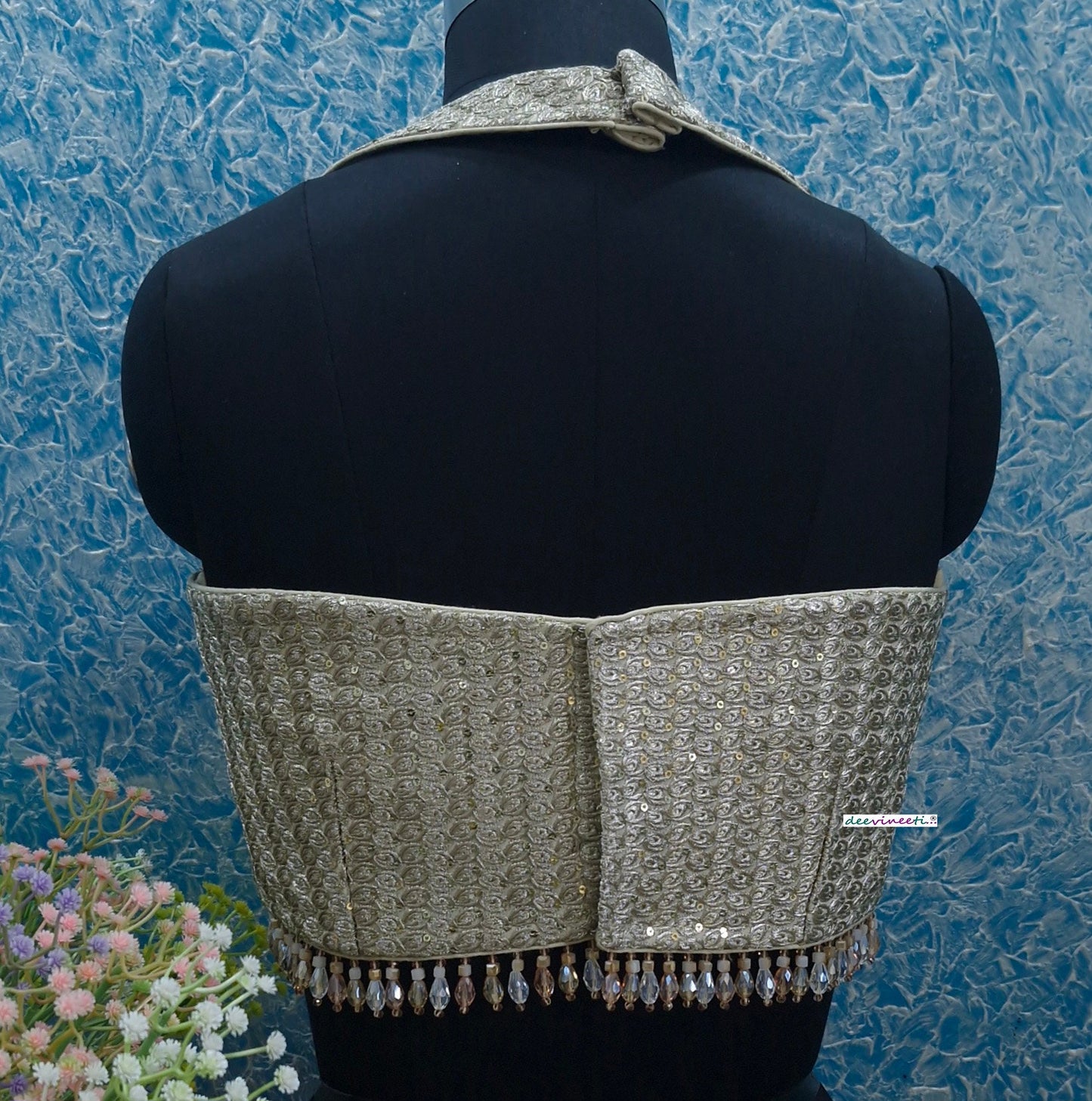 Light Gold Sequins Embroidered Halter Blouse DVBL_356