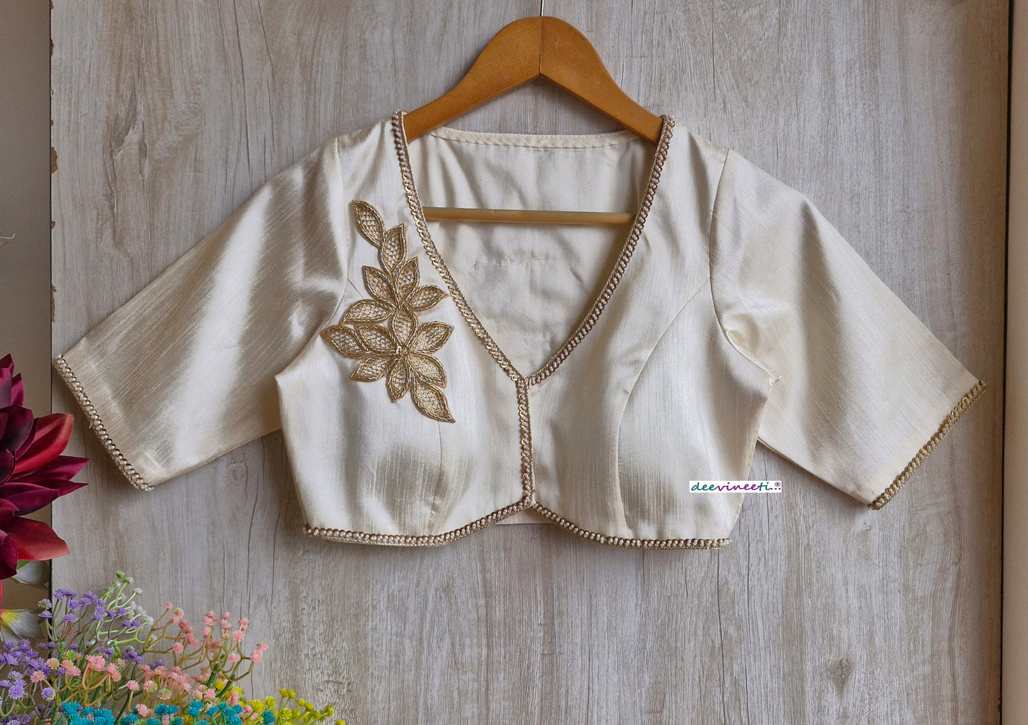 Cream Raw Silk Blouse with Applique Embroidery DVBL_322