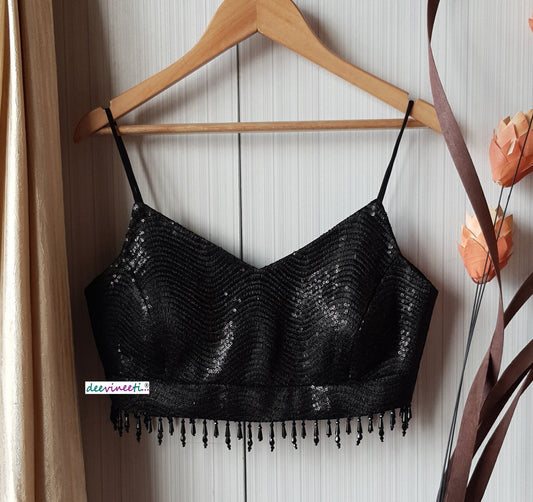 Black Sequins Embroidered Spaghetti Blouse DVBL_179