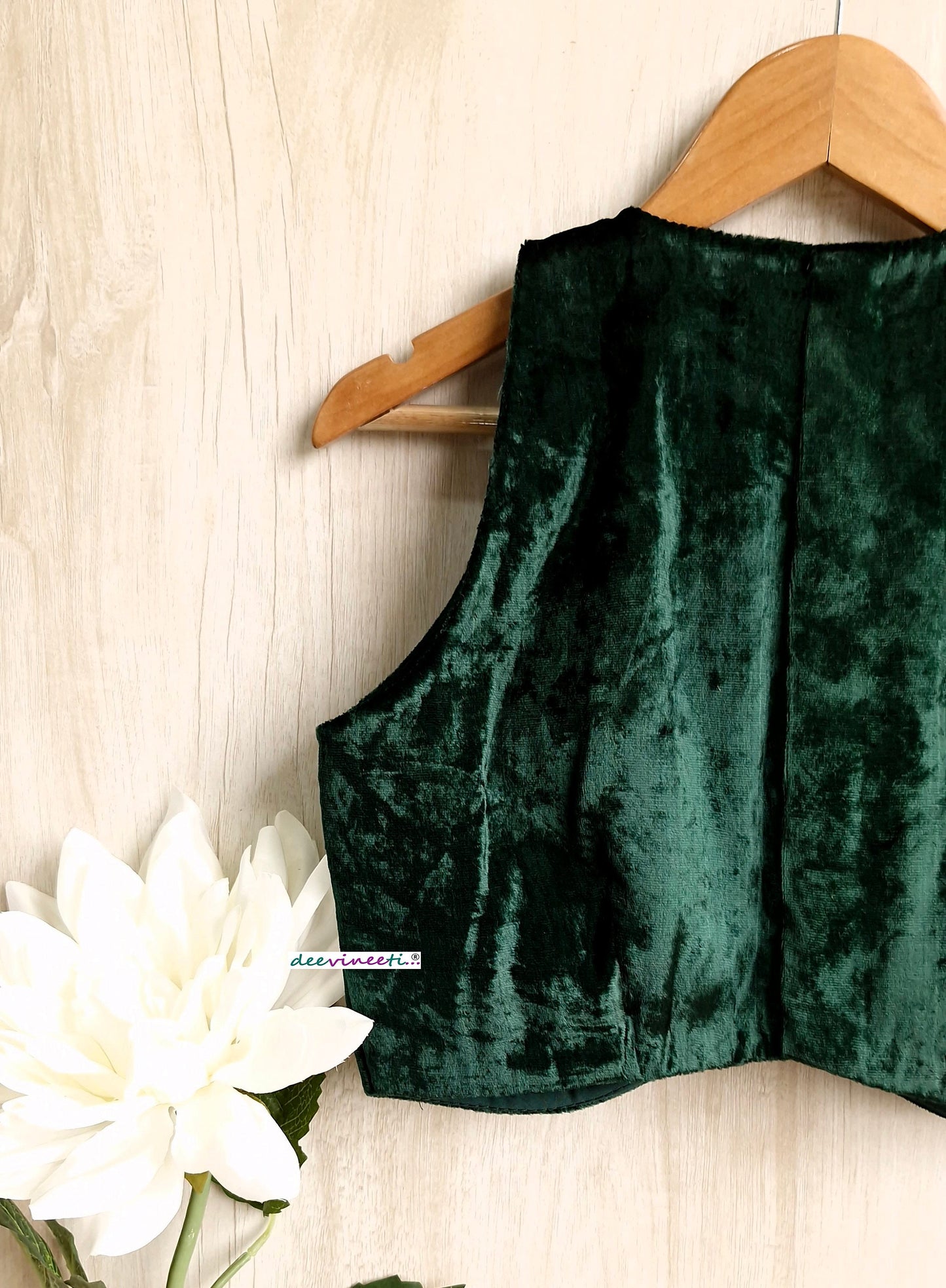 Bottle Green Viscose Velvet Jewel Neck Blouse DVBL_325