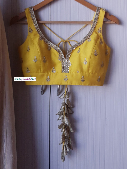 Yellow Embroidered Chanderi Deep Sweetheart Neck Blouse DVBL_141