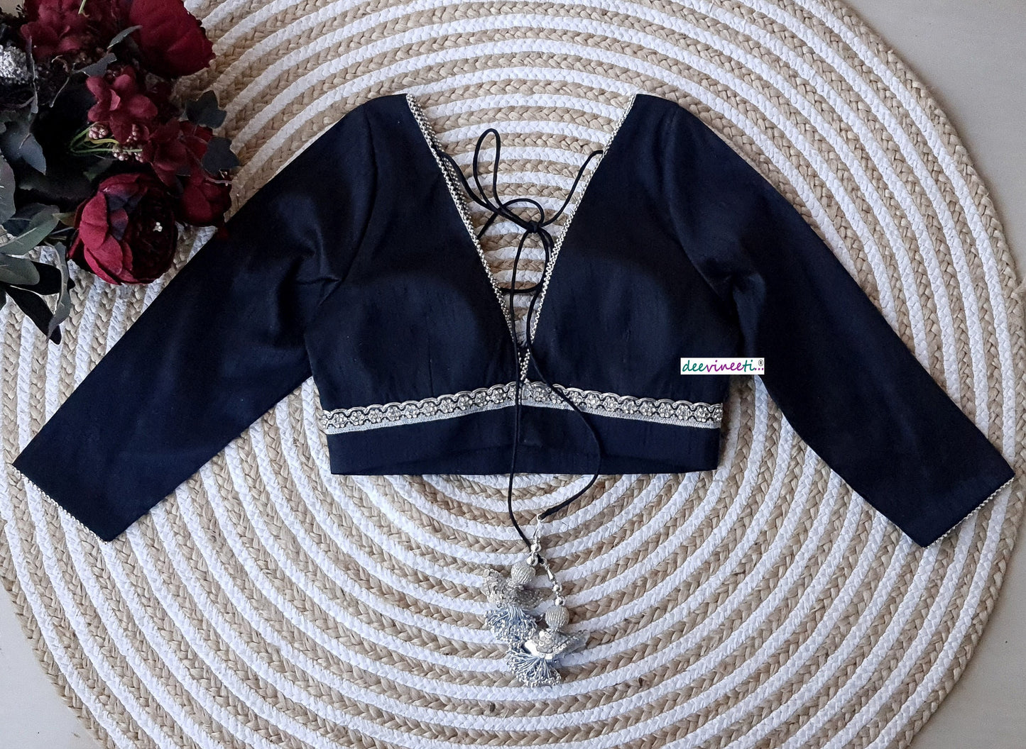 Raw Silk Plunge Neckline Three-fourth Sleeves Blouse  DVBL_163