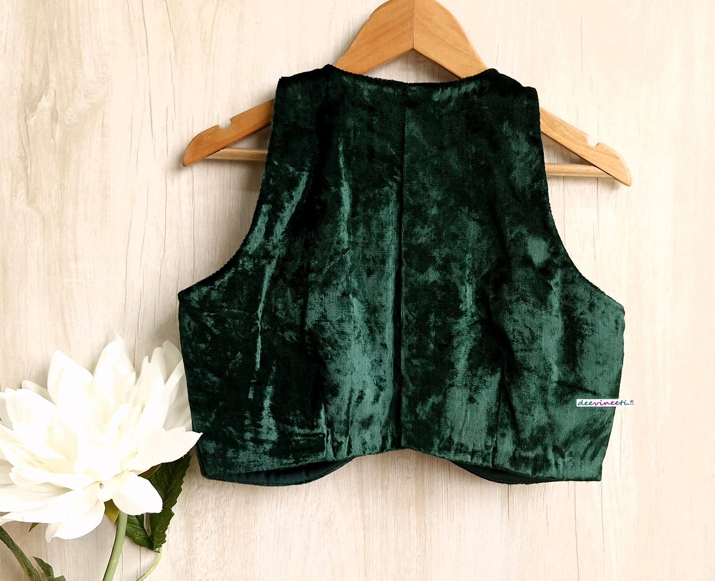 Bottle Green Viscose Velvet Jewel Neck Blouse DVBL_325