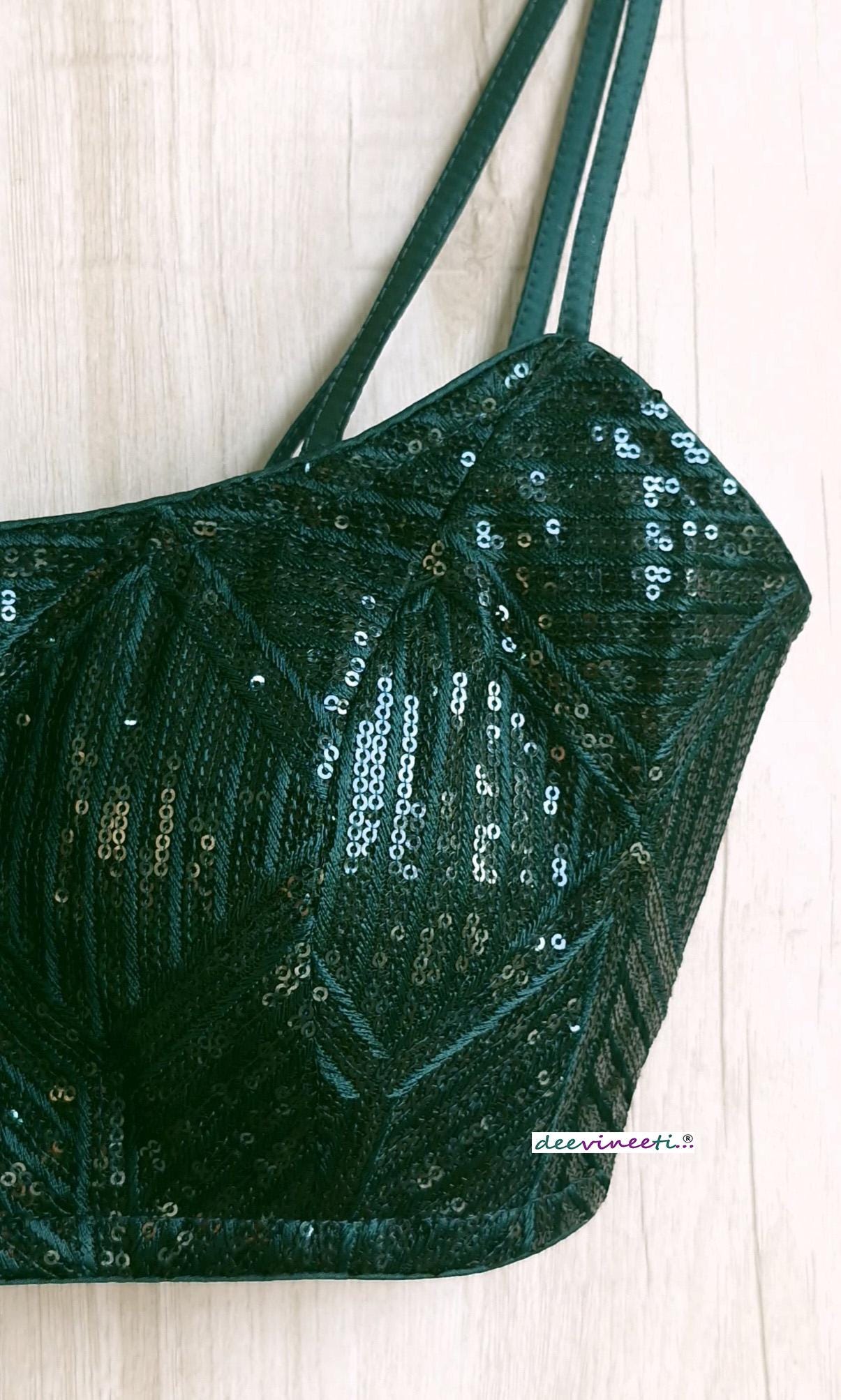Bottle Green Sequins Embroidered Spaghetti Blouse DVBL_378