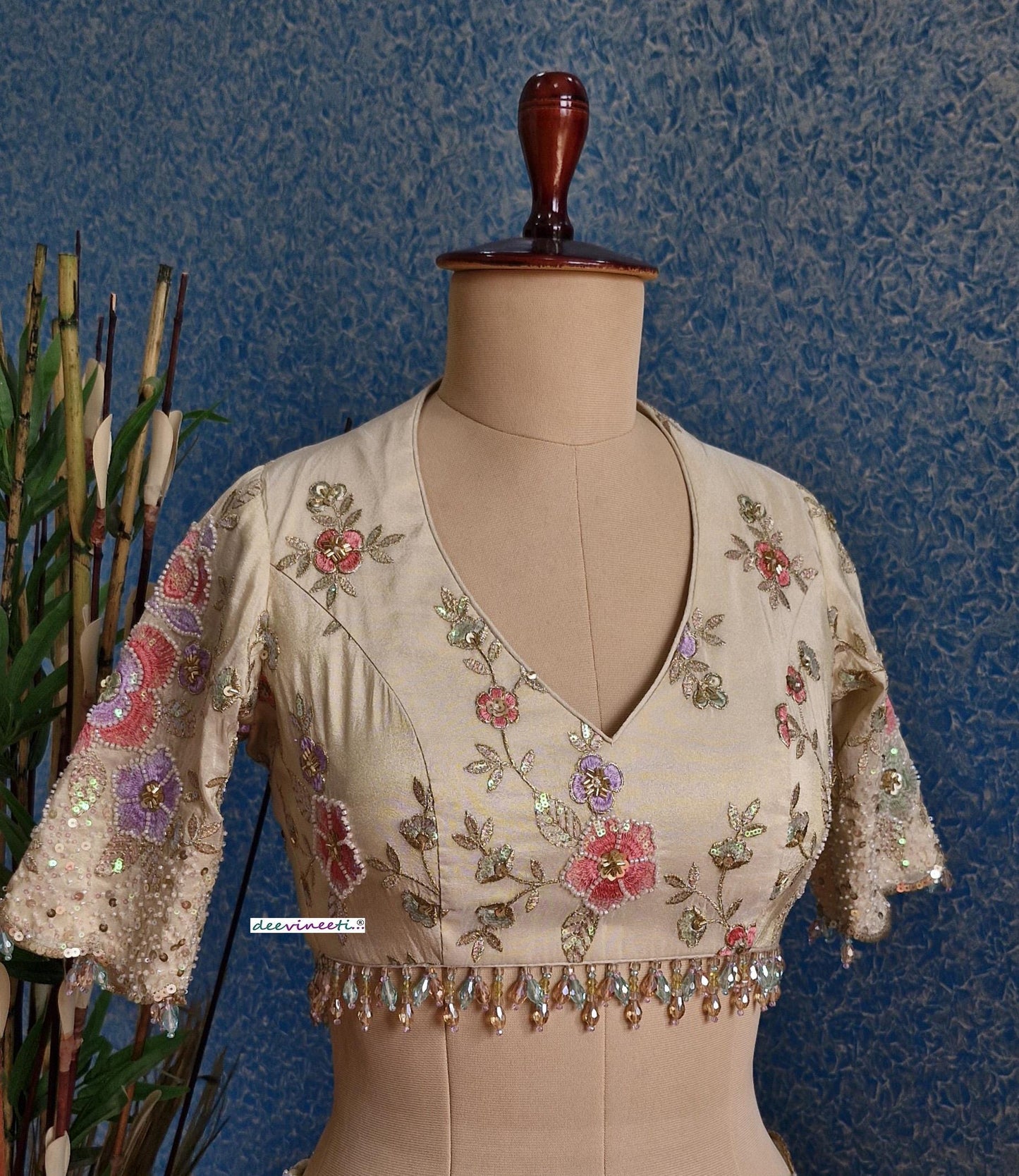 Embroidered Tissue Silk Deep V Neck Blouse DVBL_370