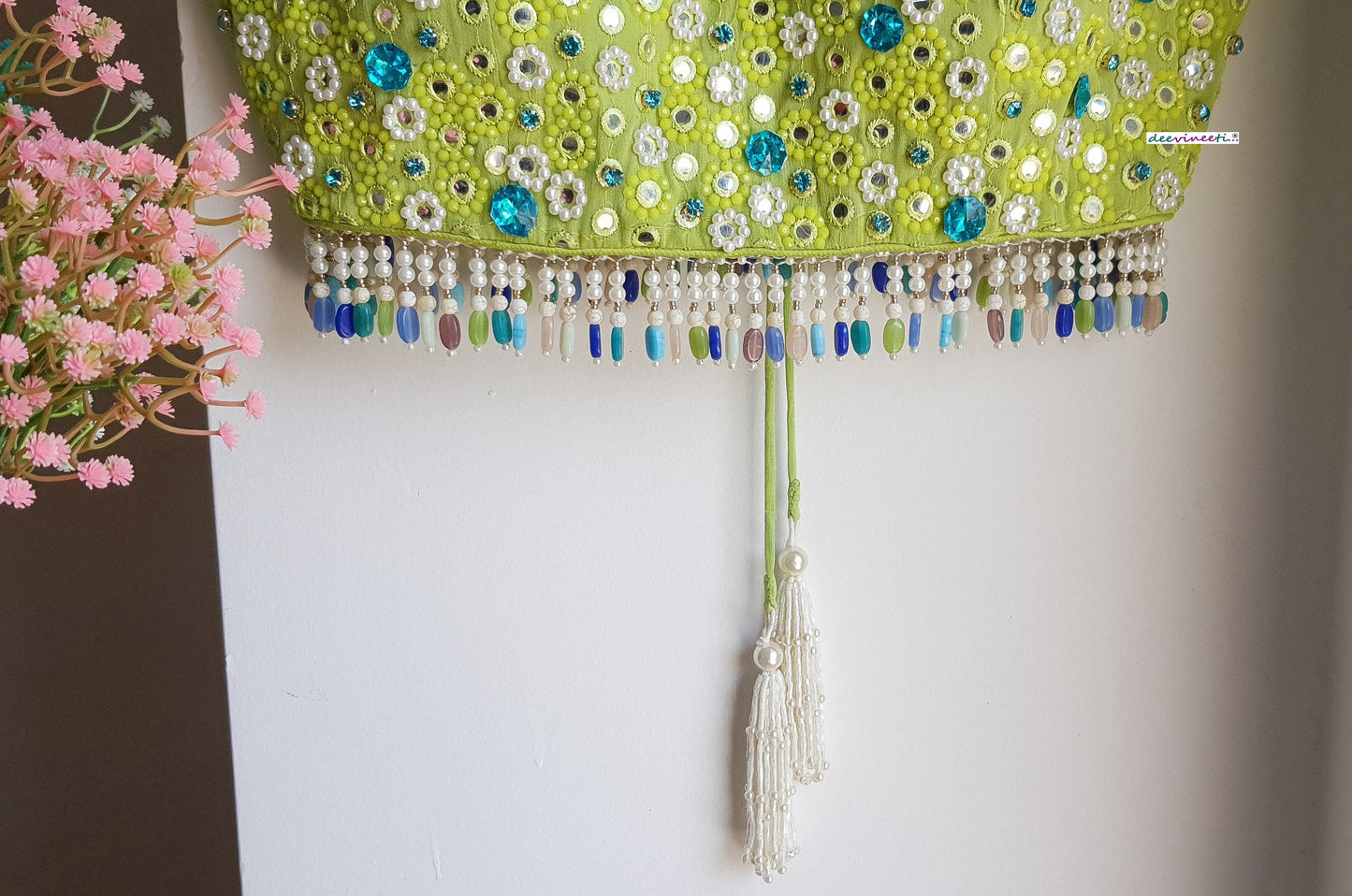 Hand Embroidered Lime Green Deep Sweetheart Neck Blouse  DVBL_287