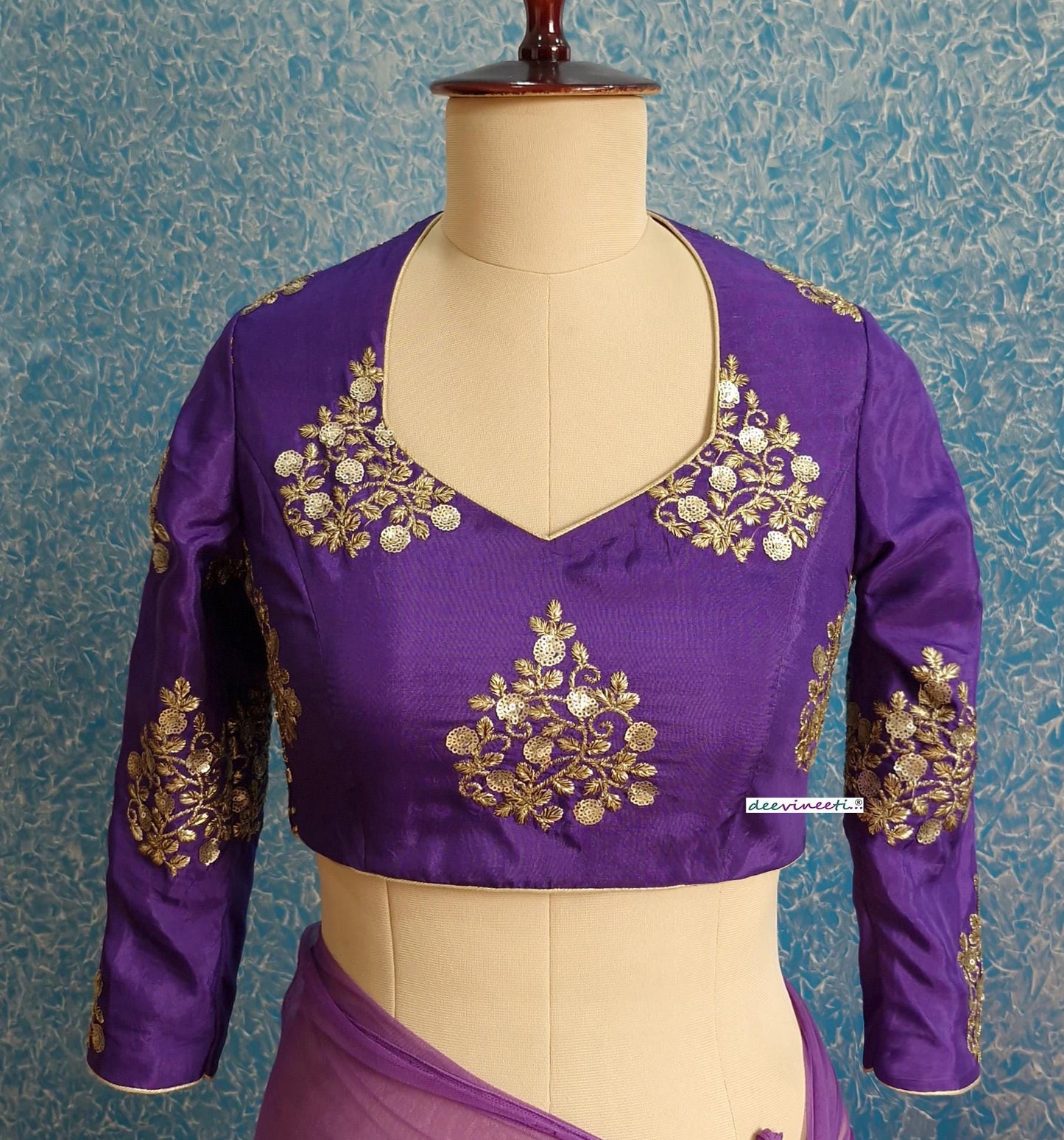 Purple Embroidered Silk Three Fourth Sleeves Blouse DVBL_384