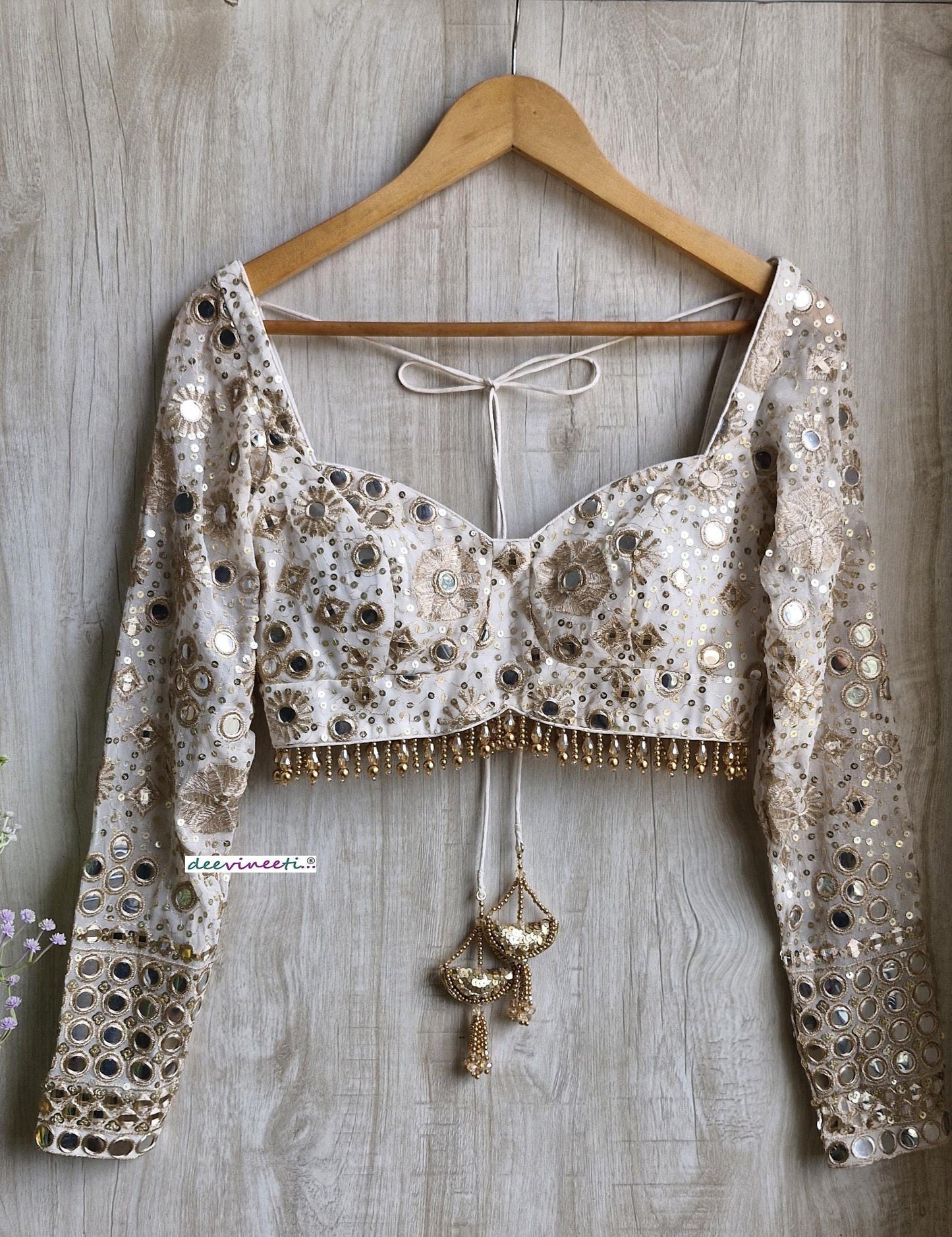 Ivory and Gold Embroidered Sweetheart Neck Long Sleeves Blouse DVBL_373