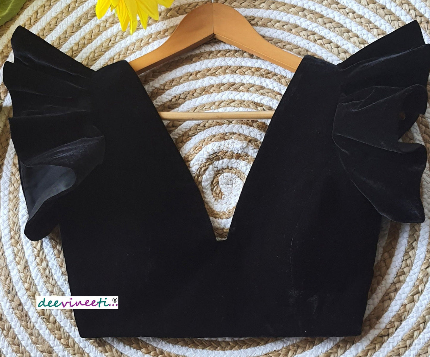 Velvet Deep V Neck Ruffled Sleeves Blouse Black DVBL_078
