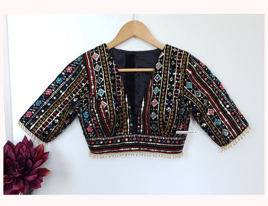 Black Embroidered Velvet Plunge Neckline Blouse DVBL_294