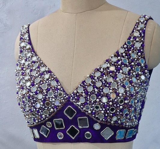 Beads and Mirror Hand Embroidered Purple Raw Silk Blouse DVBL_431