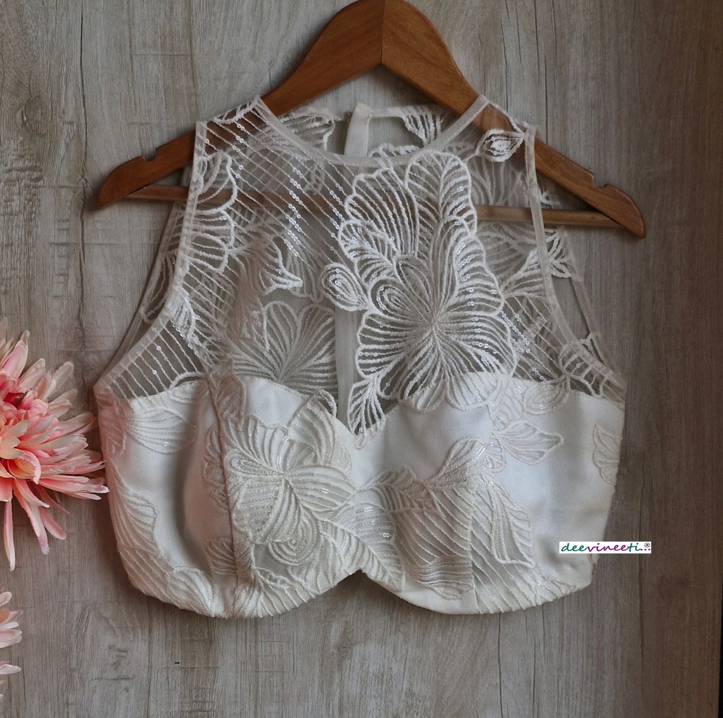 Off-White Embroidered Net Jewel Neck Blouse  DVBL_347