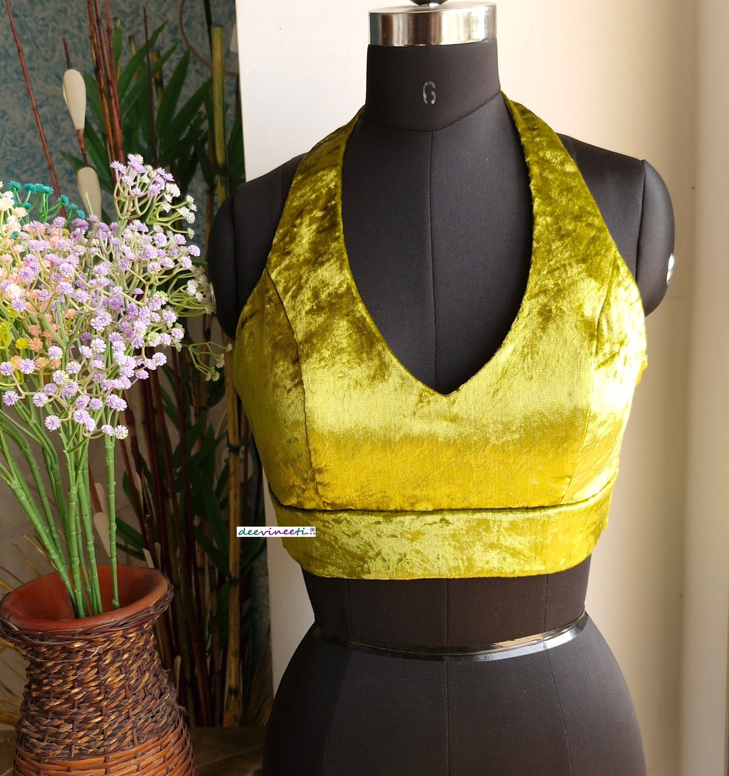 Olive Green Viscose Velvet Halter Neck Blouse DVBL_333