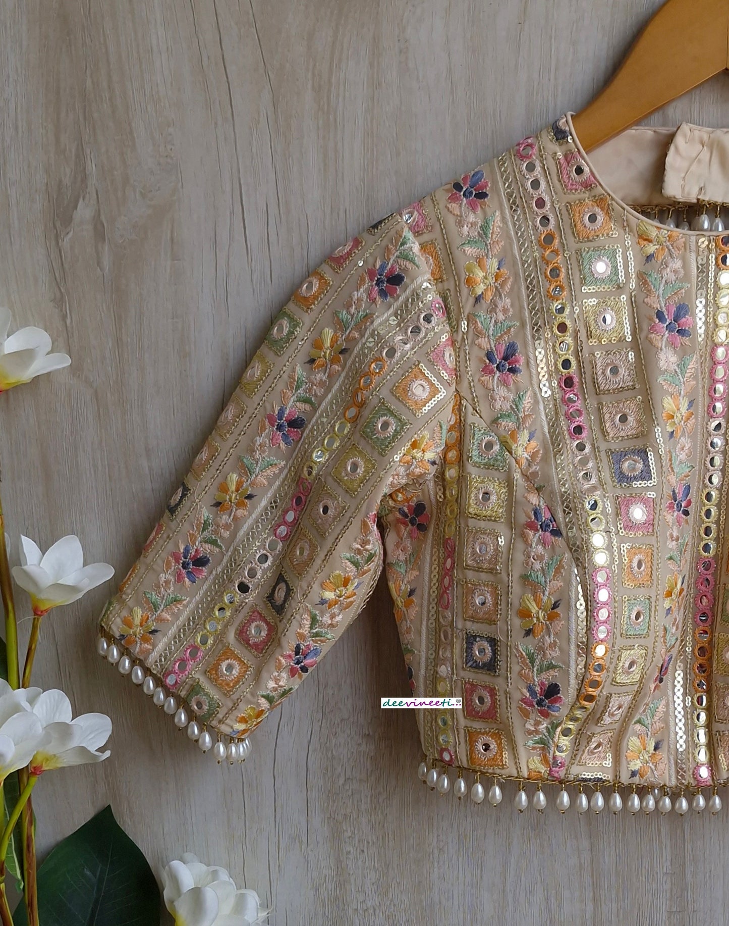 Beige Embroidered Georgette Jewel Neck Blouse DVBL_309