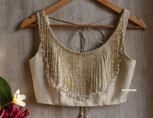 Light Gold Tissue Silk Round Neck with Fringes Blouse DVBL_353.