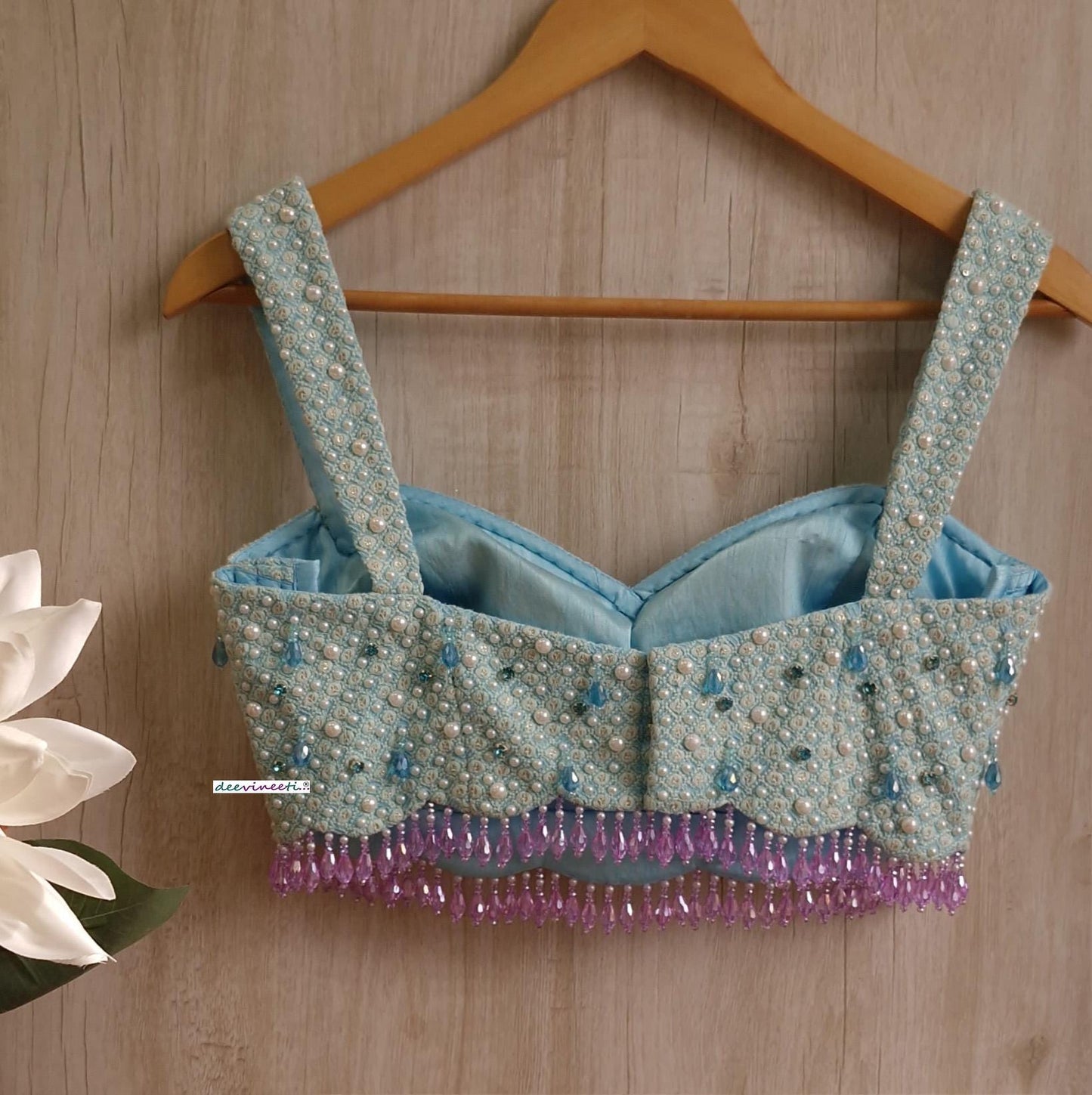 Blue Embroidered Sweetheart Neck Blouse DVBL_372