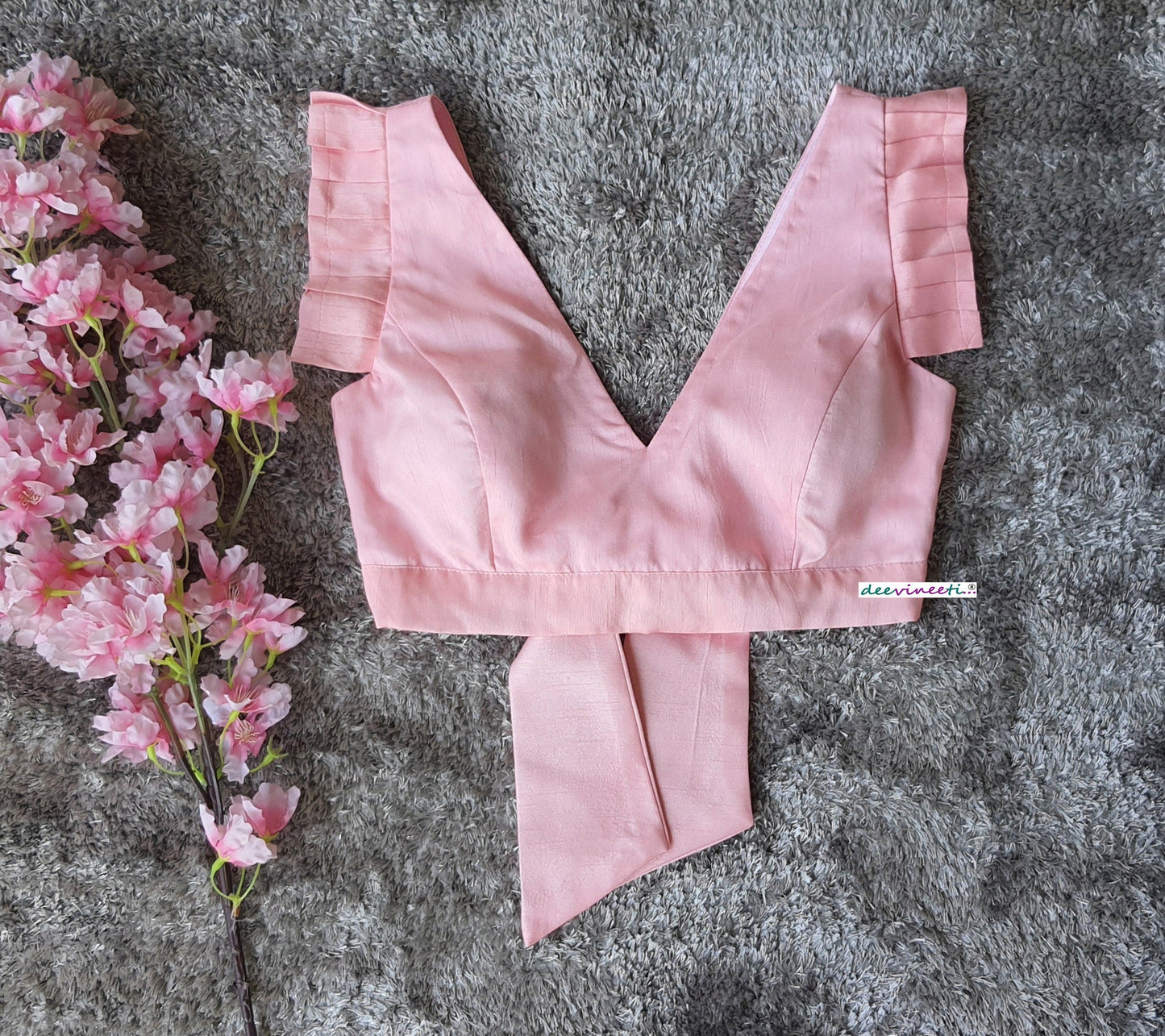Pink Tussar Silk V Neck Pleated Sleeves Blouse  DVBL_220