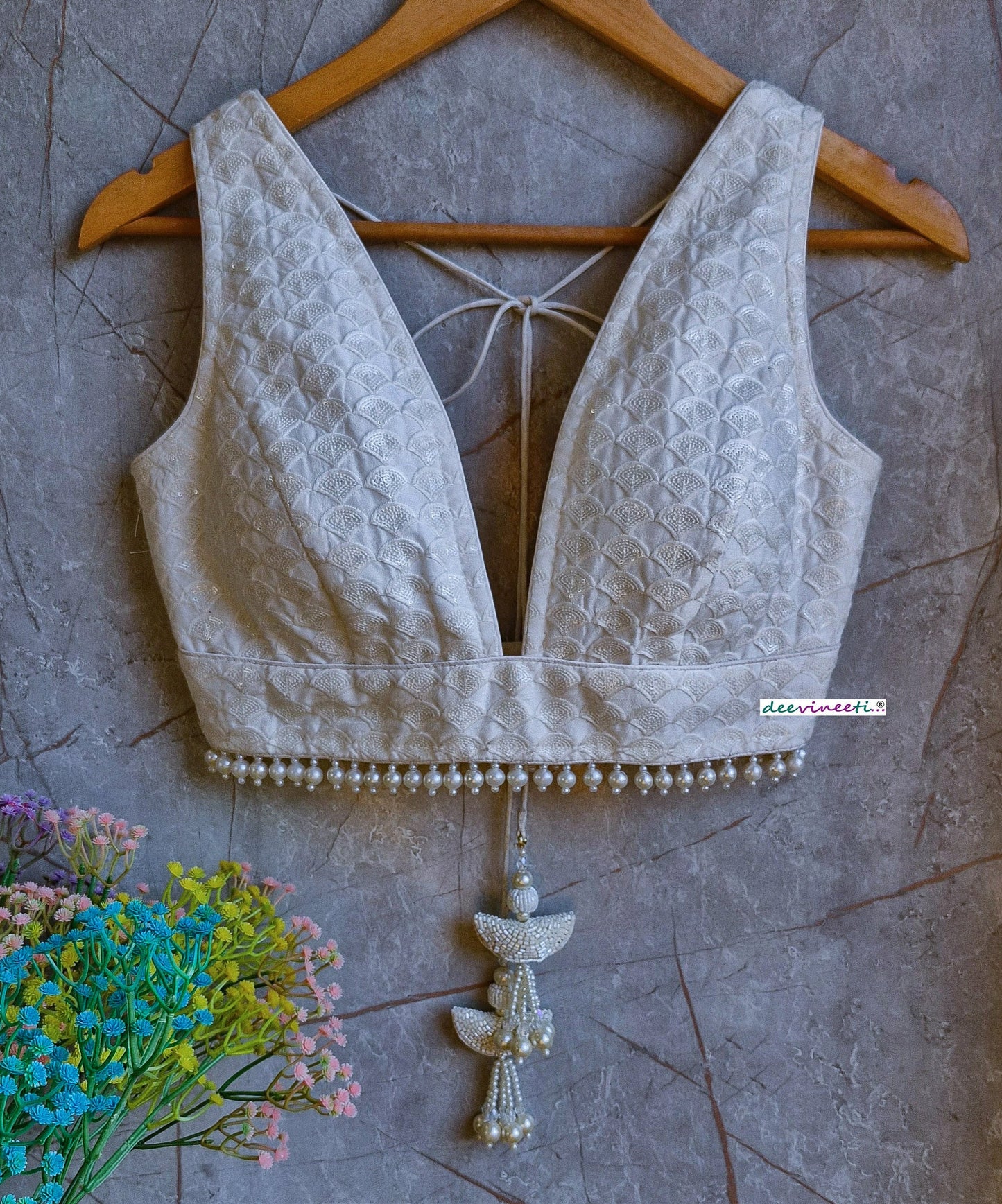 Ivory Embroidered Chanderi Plunge Neckline Blouse DVBL_331