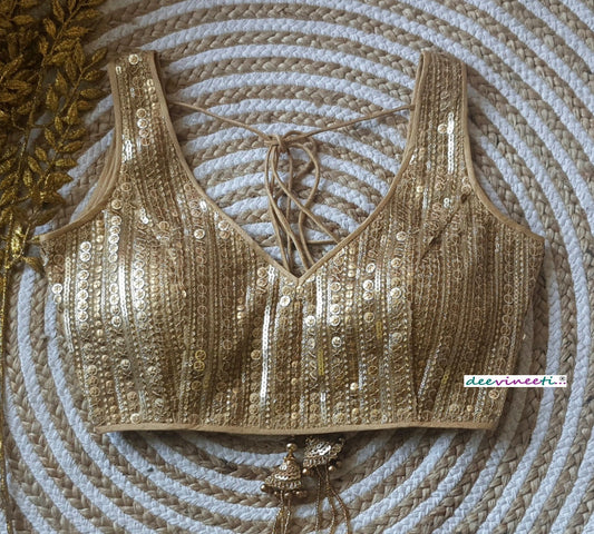 Gold Sequins Embroidered Deep V Neck Blouse DVBL_126