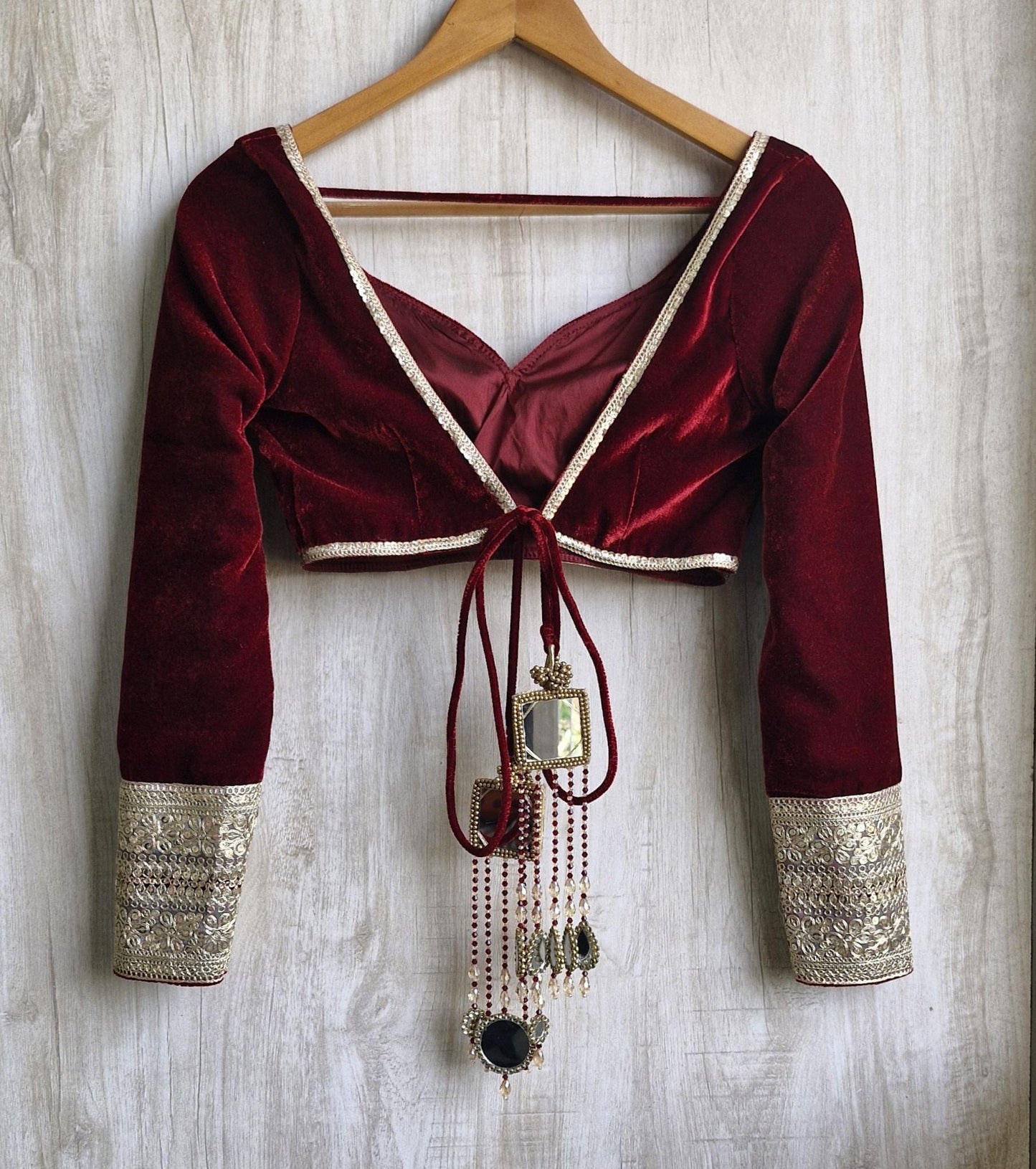 Deep Burgundy Velvet Deep Sweetheart Neck Full Sleeves Blouse DVBL_410