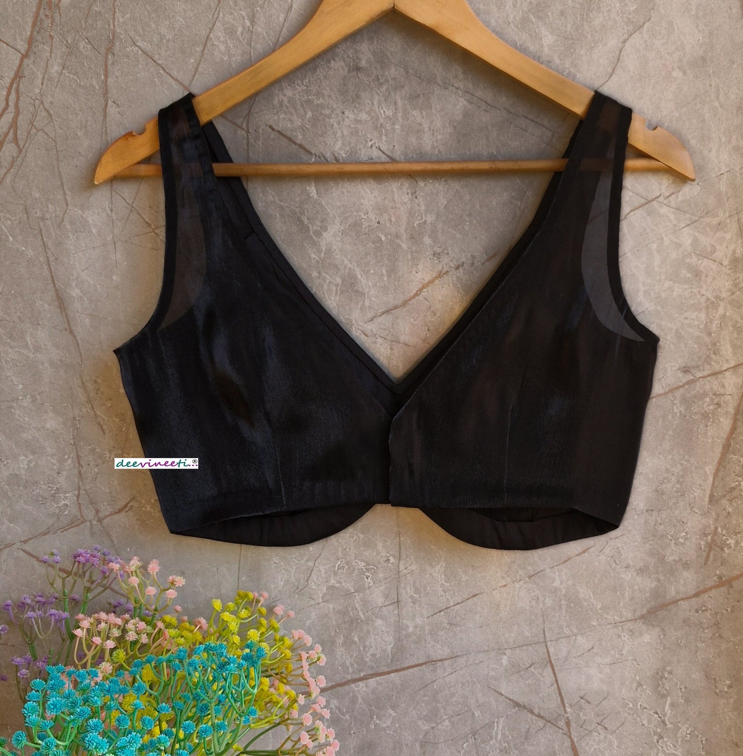 Black Organza V Neck Blouse DVBL_329